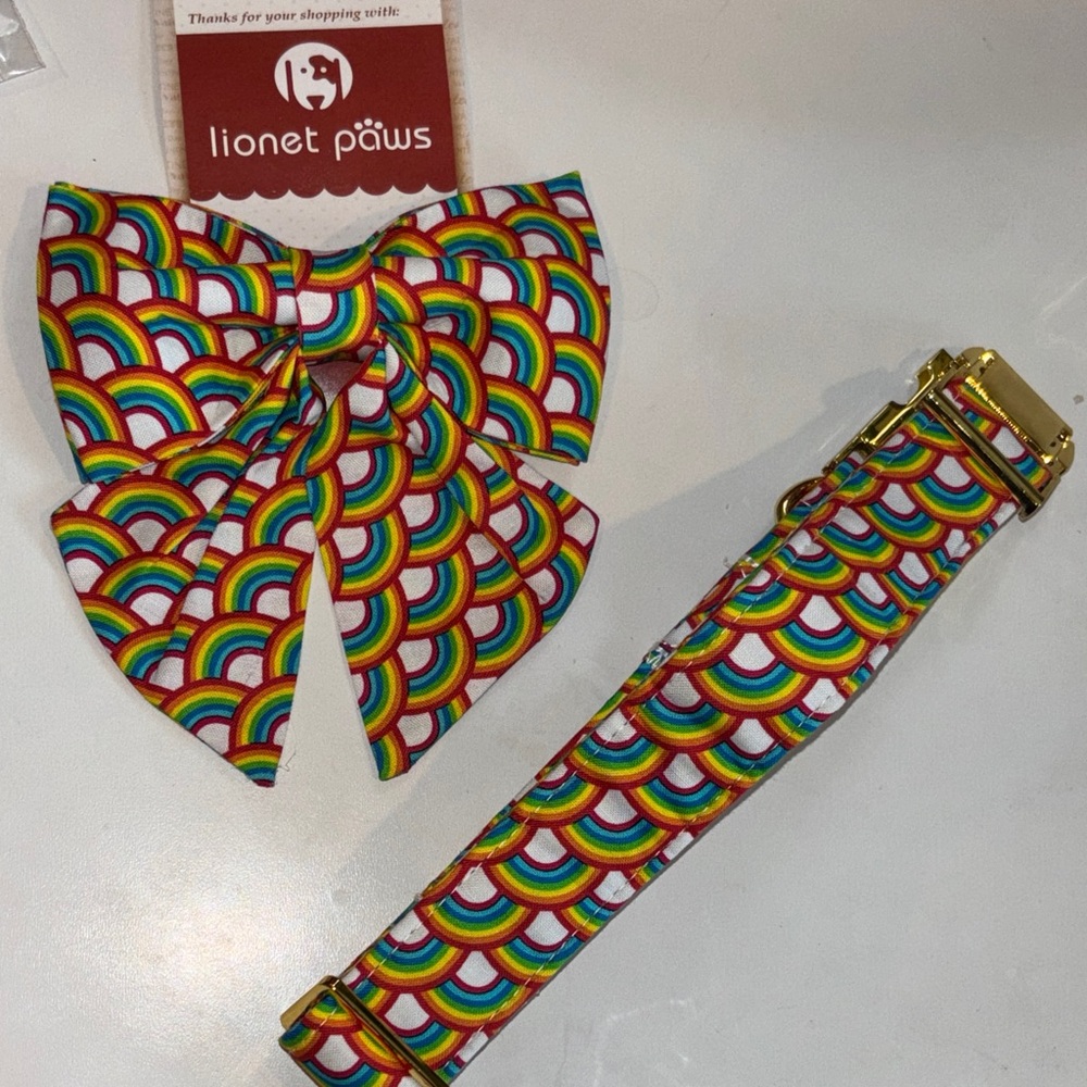 Rainbow Pattern Bow and Dog Collar Set NWT